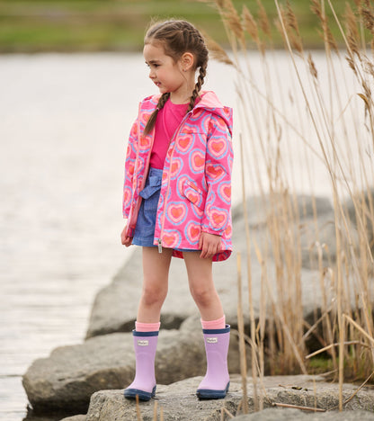 Girls Glowing Hearts Zip-Up Lightweight Rain Jacket