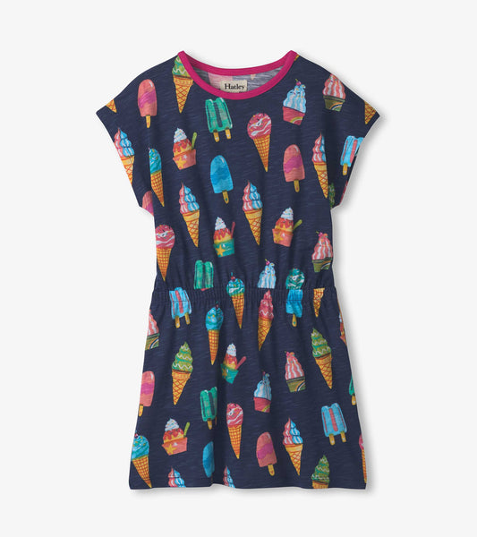 Girls navy dress with colorful ice cream and popsicle print, pink trim, short sleeves, front view