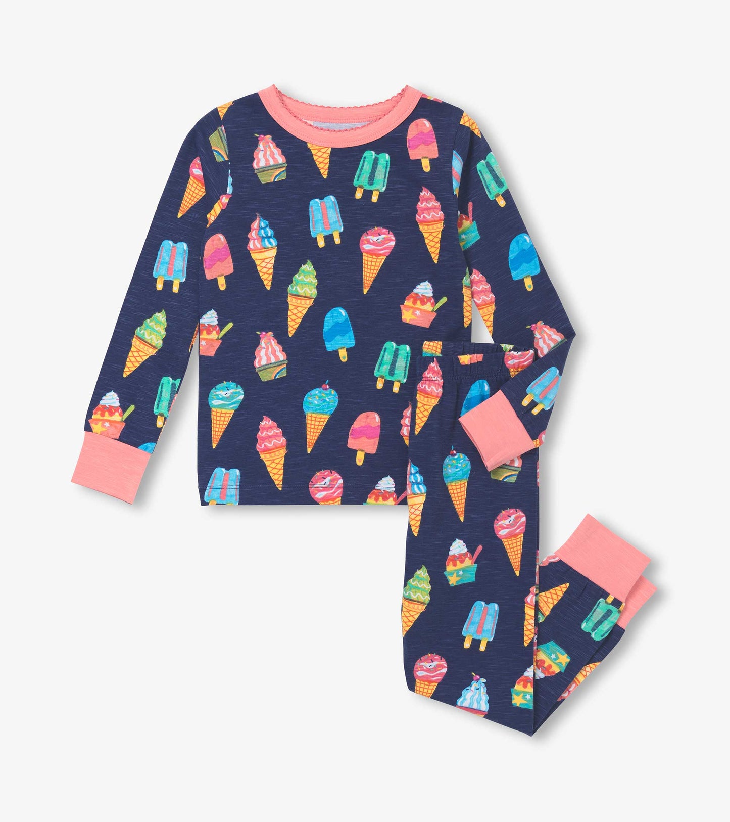 Navy pyjama set featuring colorful ice cream cone and popsicle patterns, with pink cuffs and neckline.
