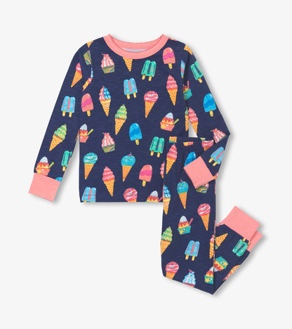 Navy pyjama set featuring colorful ice cream cone and popsicle patterns, with pink cuffs and neckline.