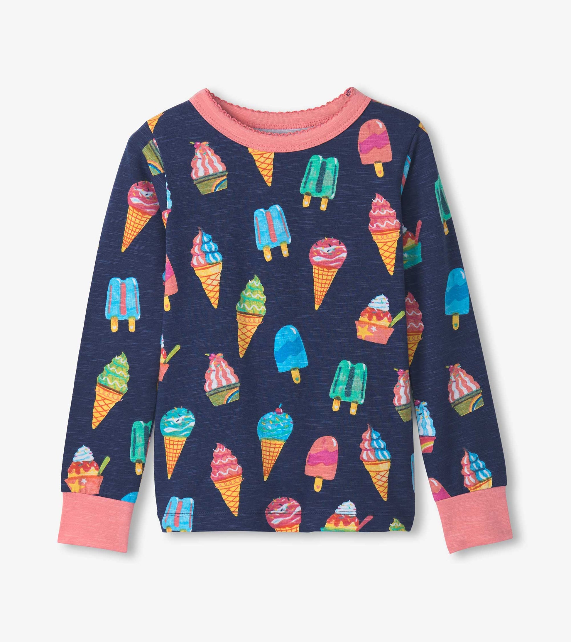 Girls navy long-sleeve pajama top with colorful ice cream and popsicle print, pink trim and cuffs