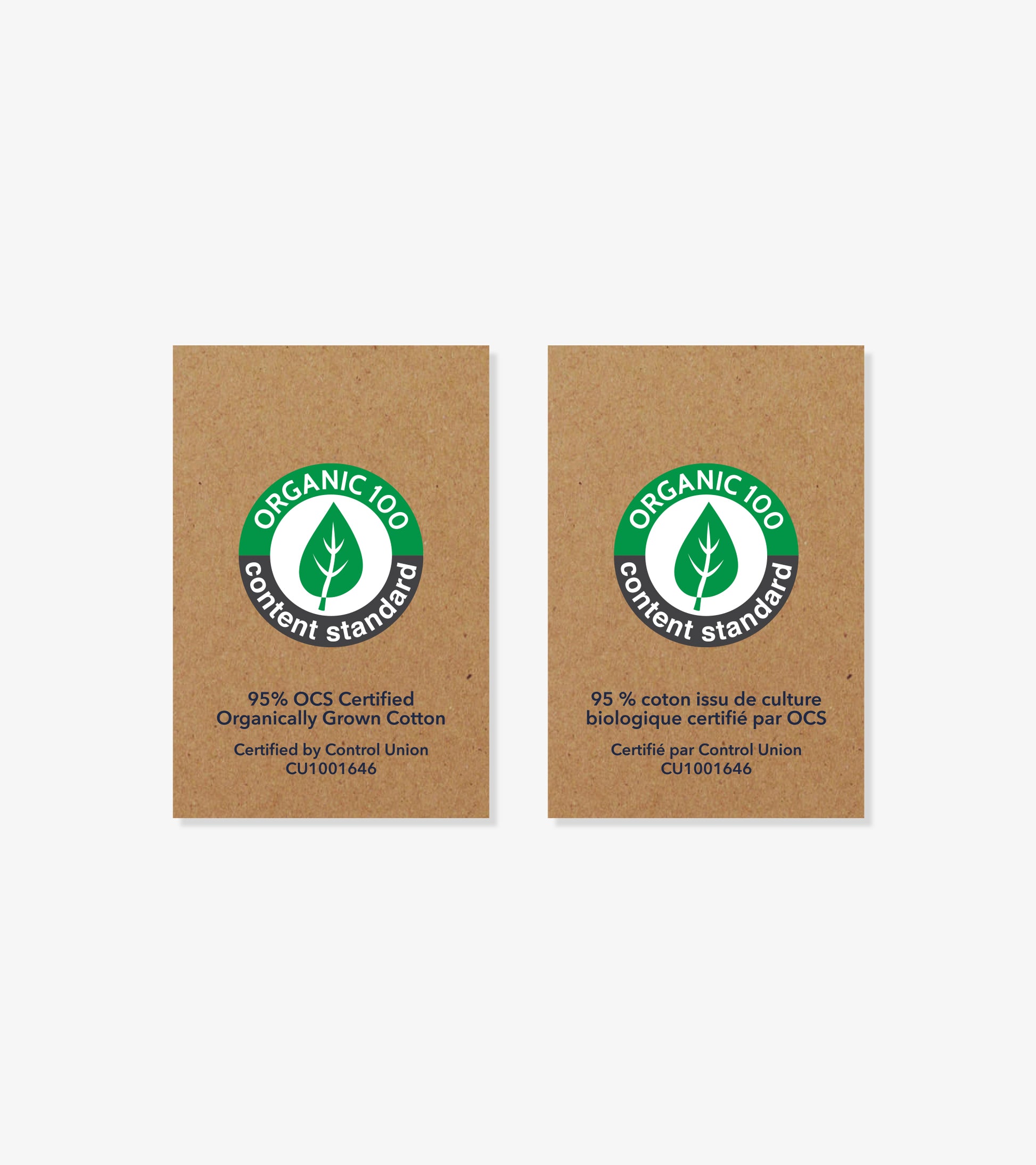 Two organic cotton certification labels on brown cardboard background, one in English and one in French