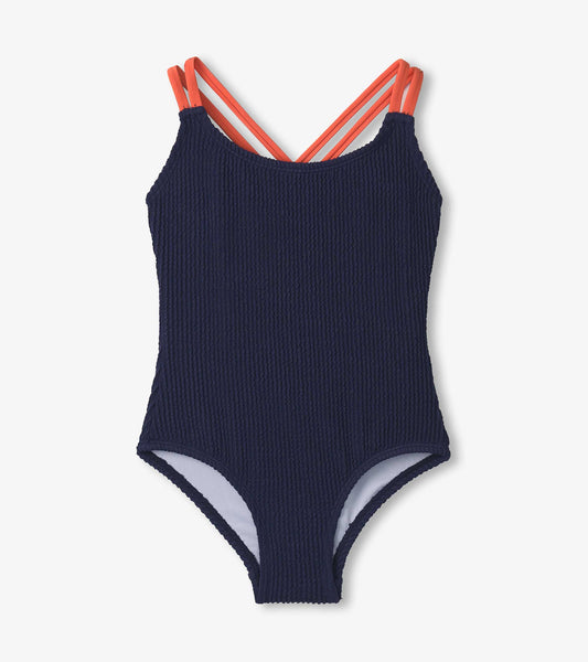 Girls Patriot Blue Cross Strap Swimsuit