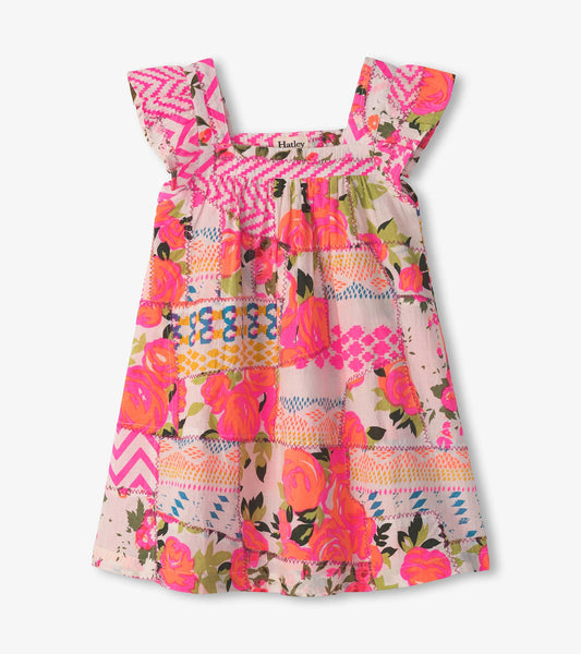 Girls Floral Patchwork Flutter Puff Dress