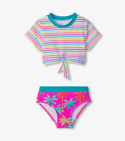 Girls Printed Palms Short Sleeve Tankini Set