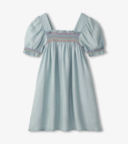 Girls Soft Blue Denim Puff Sleeve Smocked Dress