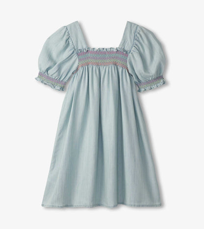 Girls Soft Blue Denim Puff Sleeve Smocked Dress