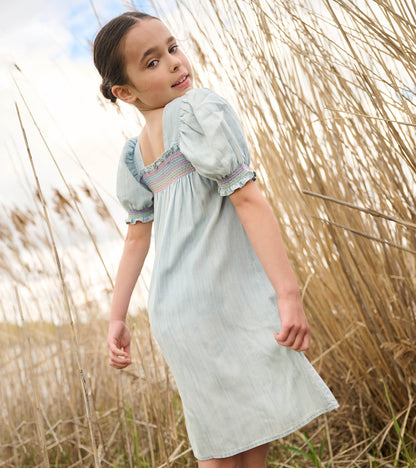 Girls Soft Blue Denim Puff Sleeve Smocked Dress