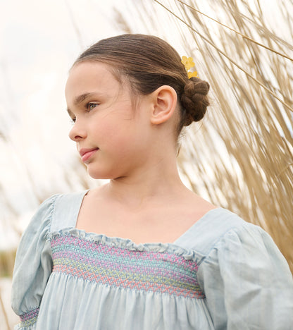 Girls Soft Blue Denim Puff Sleeve Smocked Dress