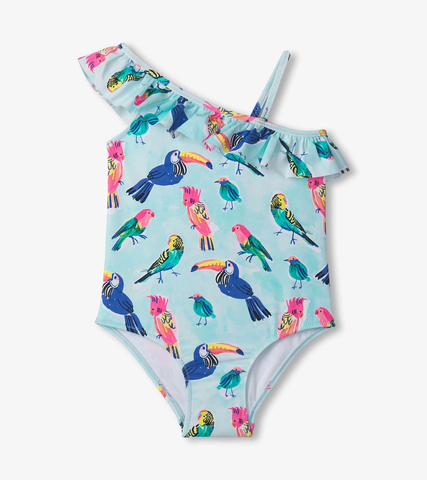 Girls Tropical Birds Ruffle Trim Swimsuit