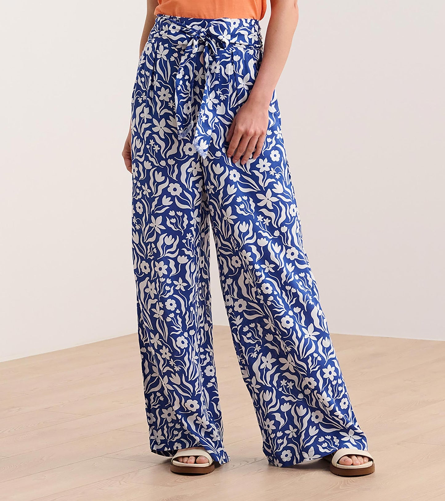 Belted Wide Leg Trousers - Wavy Flowers