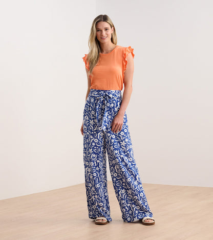 Belted Wide Leg Trousers - Wavy Flowers