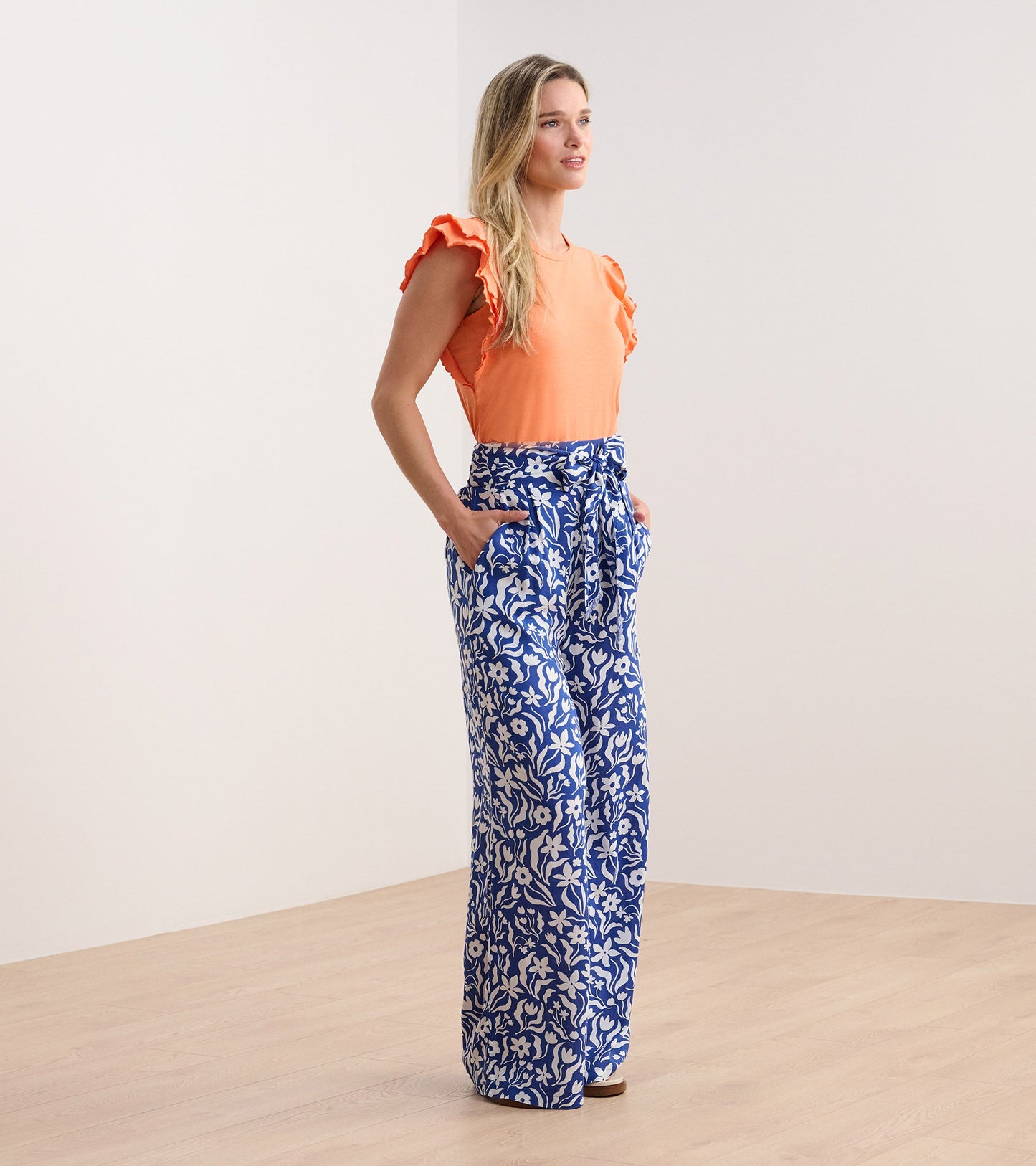 Belted Wide Leg Trousers - Wavy Flowers