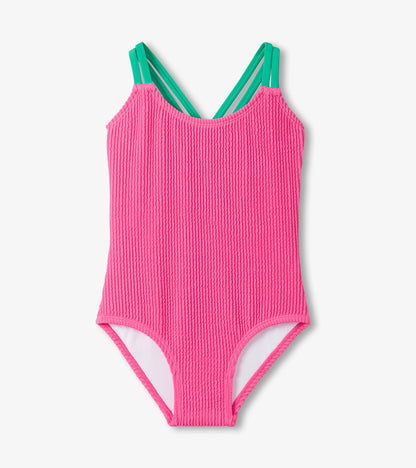 Girls Hot Pink Ribbed One-Piece Swimsuit