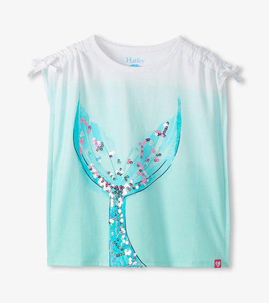 Girls white and aqua short-sleeve top with mermaid tail sequin graphic and cinched shoulder ties, front view