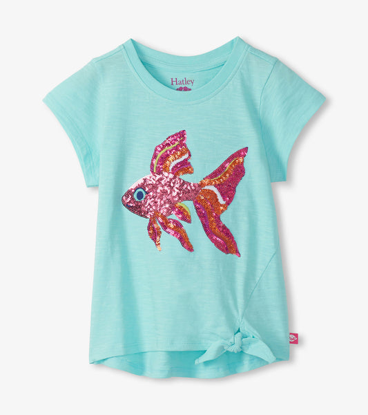 Light aqua girls T-shirt with sequined tropical fish graphic and front tie hem, short sleeves, front view