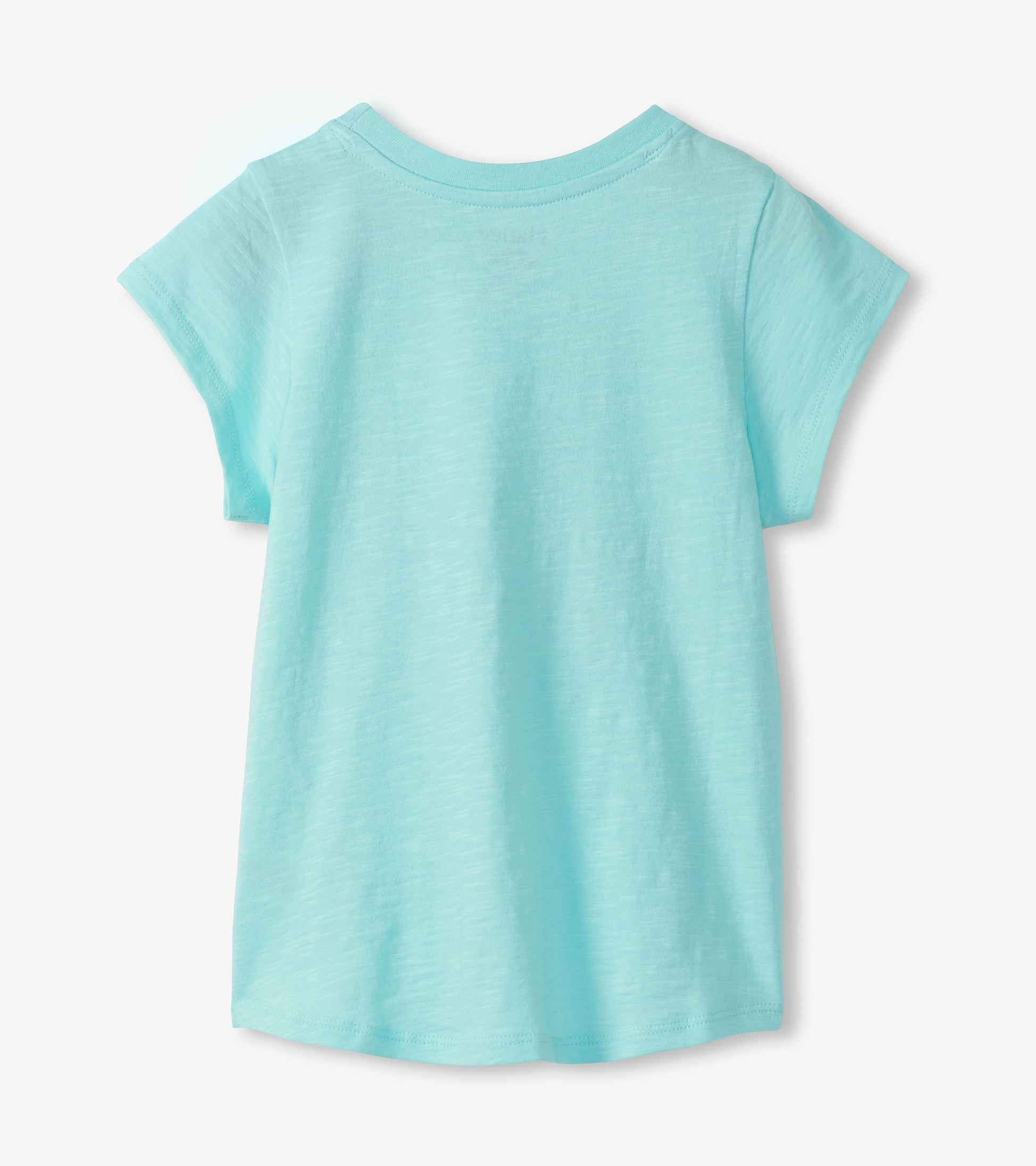 Light aqua short-sleeve girls T-shirt with a crew neck and tie-front hem, back view