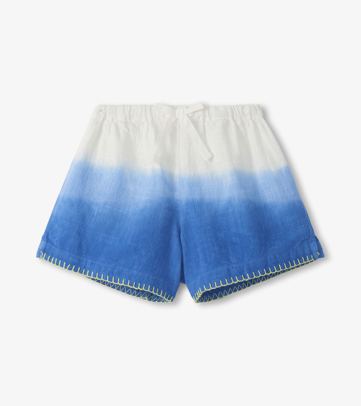 Girls white-to-cobalt dip-dye woven shorts with elastic waist and stitched hem detail, front view