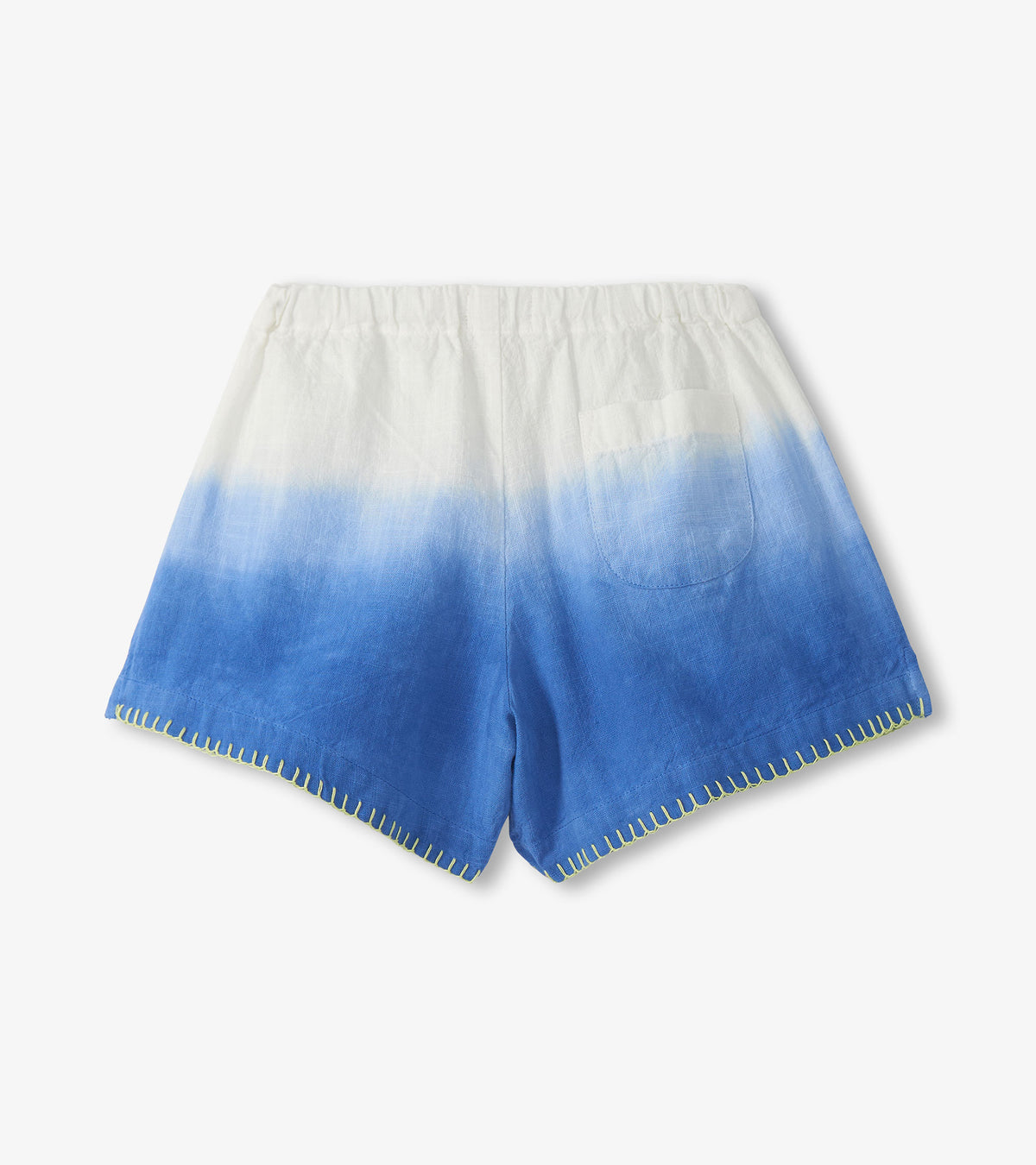 Girls woven shorts with white-to-cobalt dip dye, elastic waist, and yellow stitched hems, front view