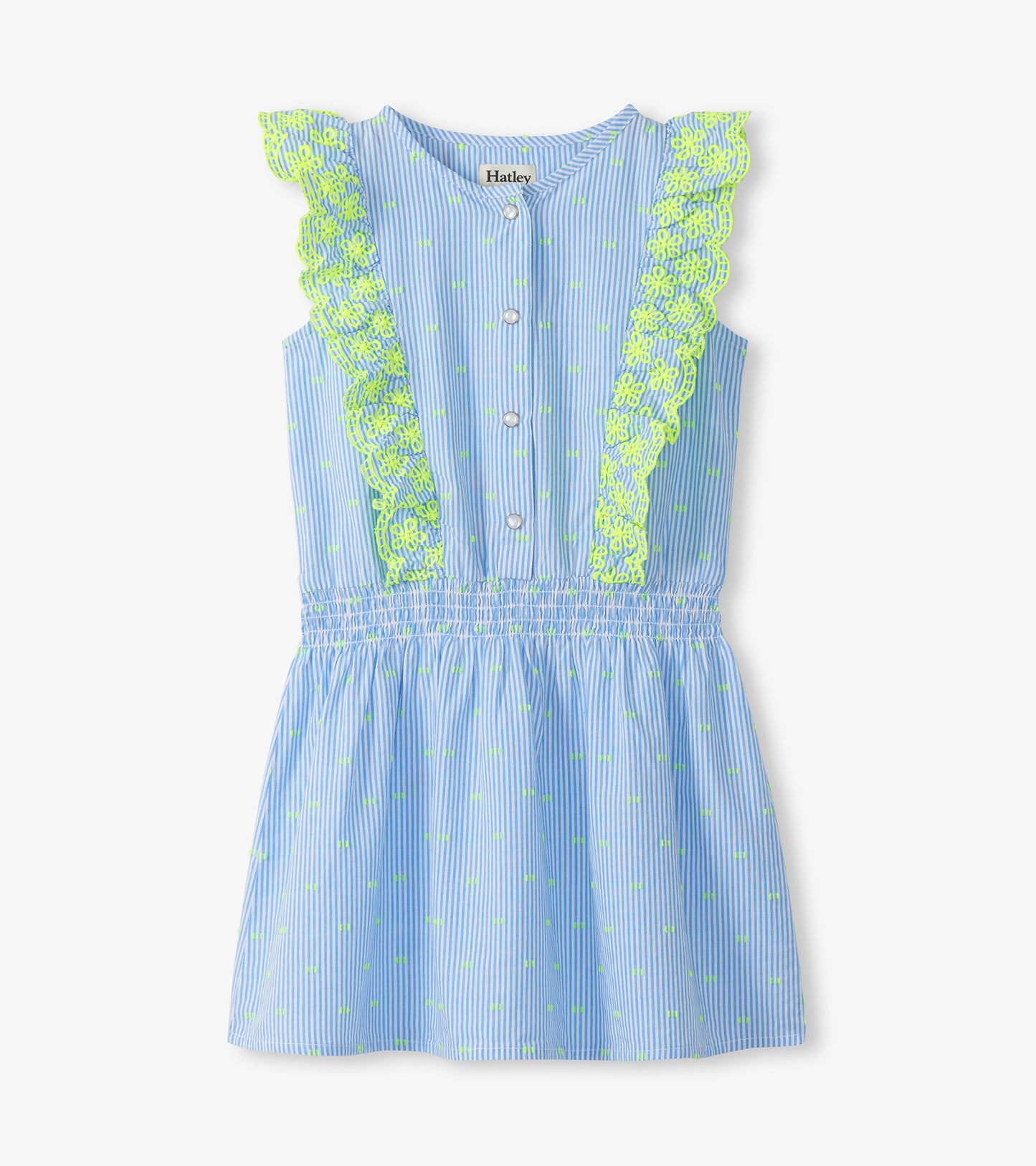 Girls blue striped dress with neon green dots, ruffle trim, and button front, front view