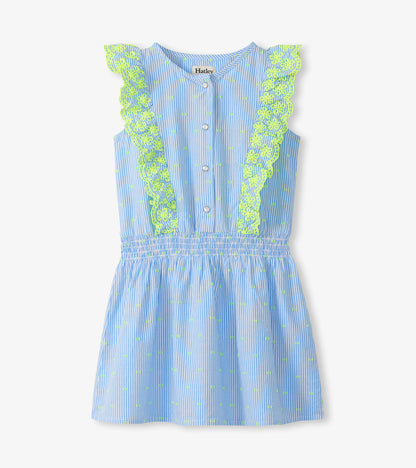 Girls blue striped dress with neon green dots, ruffle trim, and button front, front view
