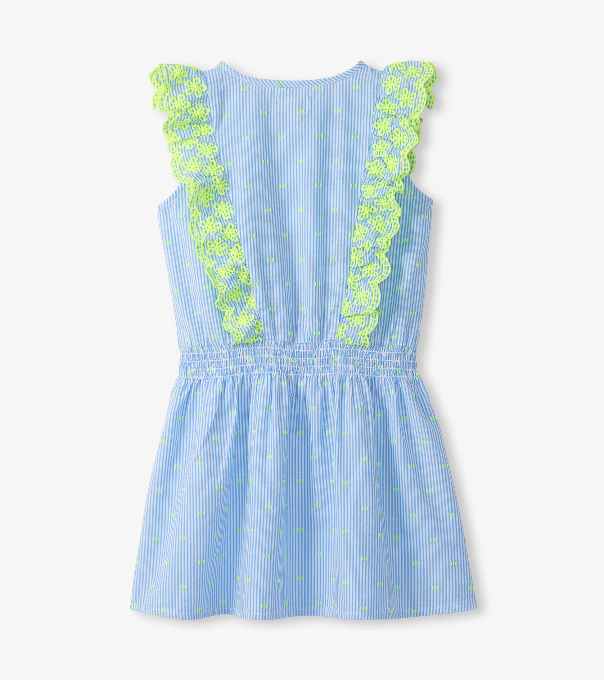 Girls blue striped dress with neon green dots, scalloped ruffle trim, and gathered waist, front view