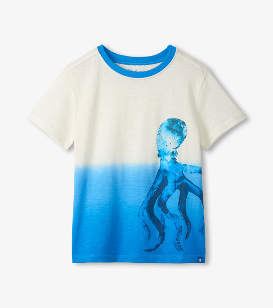 White boys T-shirt with blue dip-dye hem and octopus graphic, front view