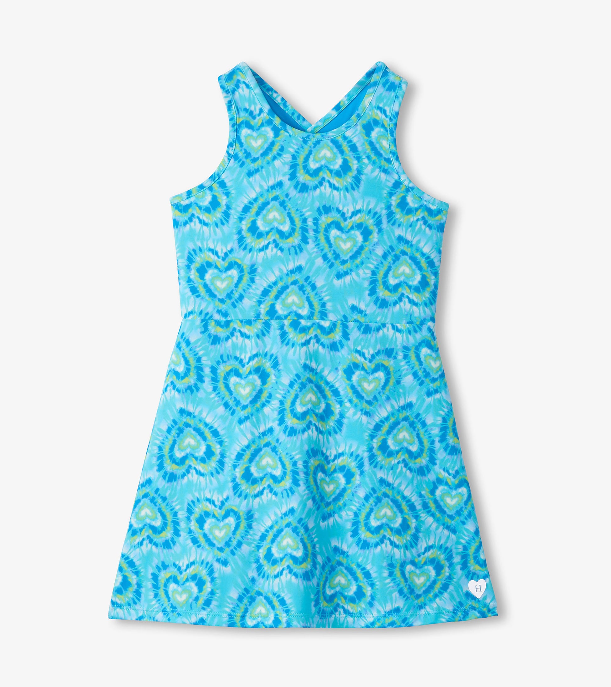 Blue sleeveless A-line dress with heart tie-dye pattern and scoop neckline, front view