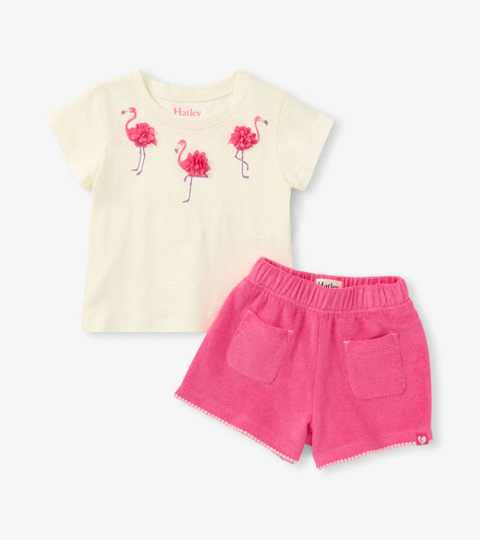 Cream short-sleeve T-shirt with pink flamingo print and bright pink shorts with pockets, front view