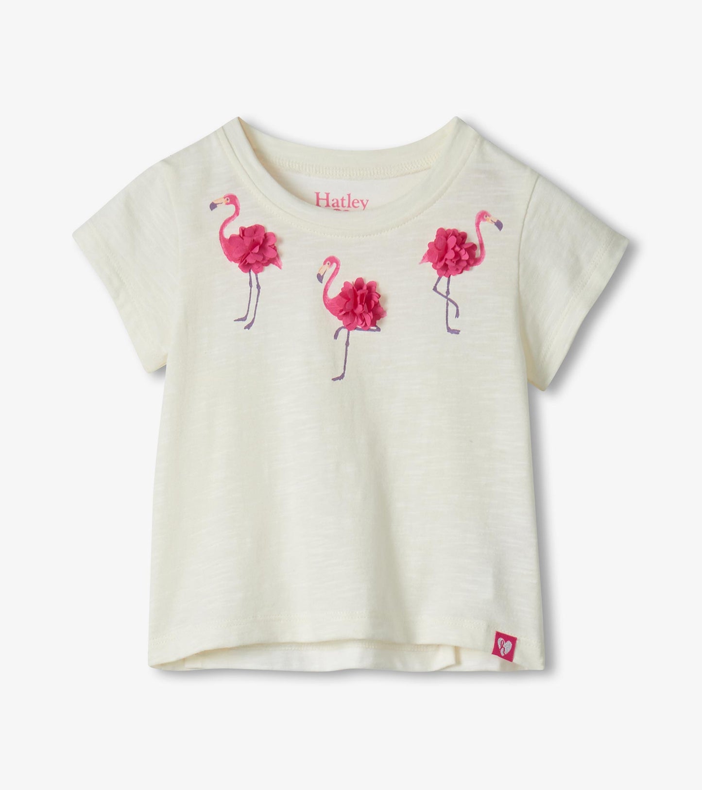 Cream short-sleeve T-shirt with pink flamingo print and floral accents, front view