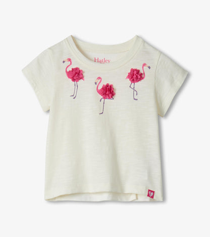 Cream short-sleeve T-shirt with pink flamingo print and floral accents, front view