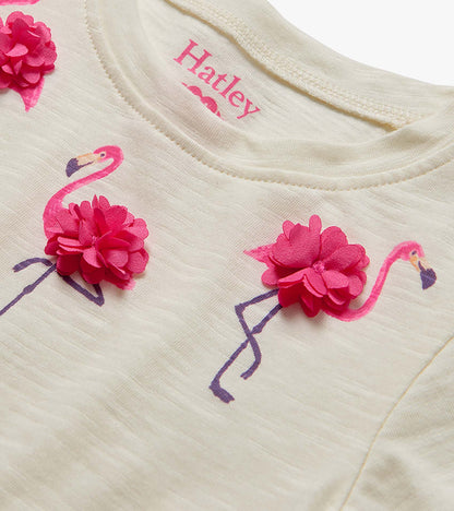 Cream toddler T-shirt with pink flamingo print and 3D flower appliqués, close-up front view