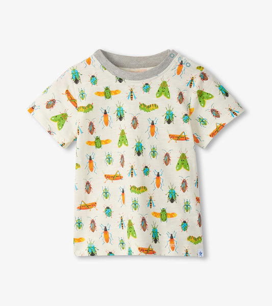 Cream short-sleeve toddler T-shirt with gray crew neck and colorful insect print, front view