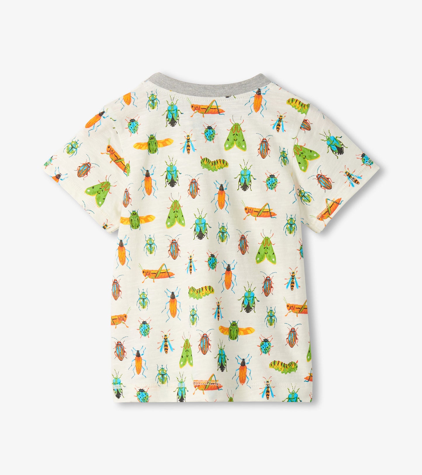 White short-sleeve toddler T-shirt with colorful insect print and gray crew neck, back view