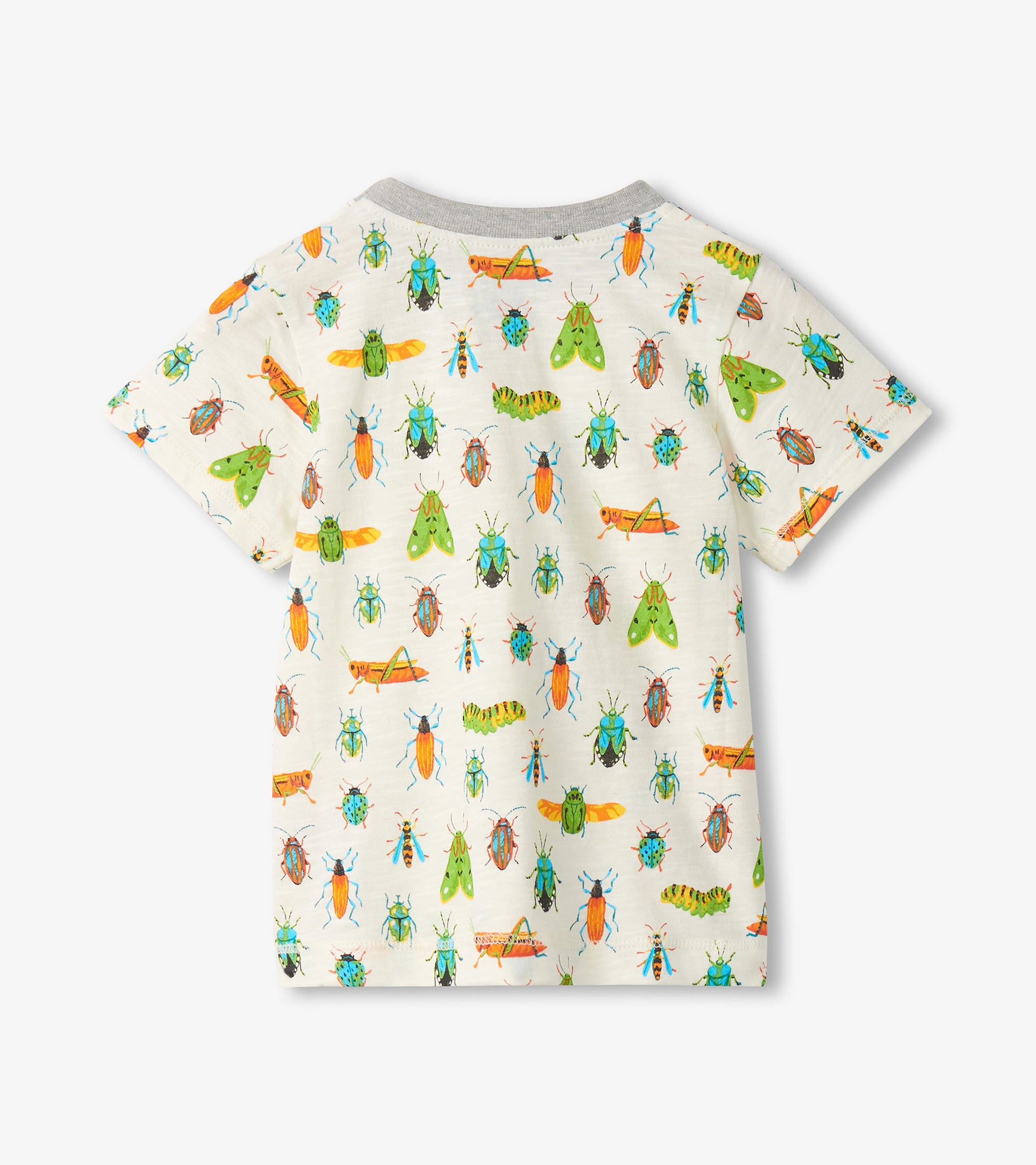 White short-sleeve toddler T-shirt with colorful insect print and gray crew neck, back view