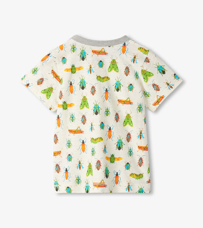 White short-sleeve toddler T-shirt with colorful insect print and gray crew neck, back view