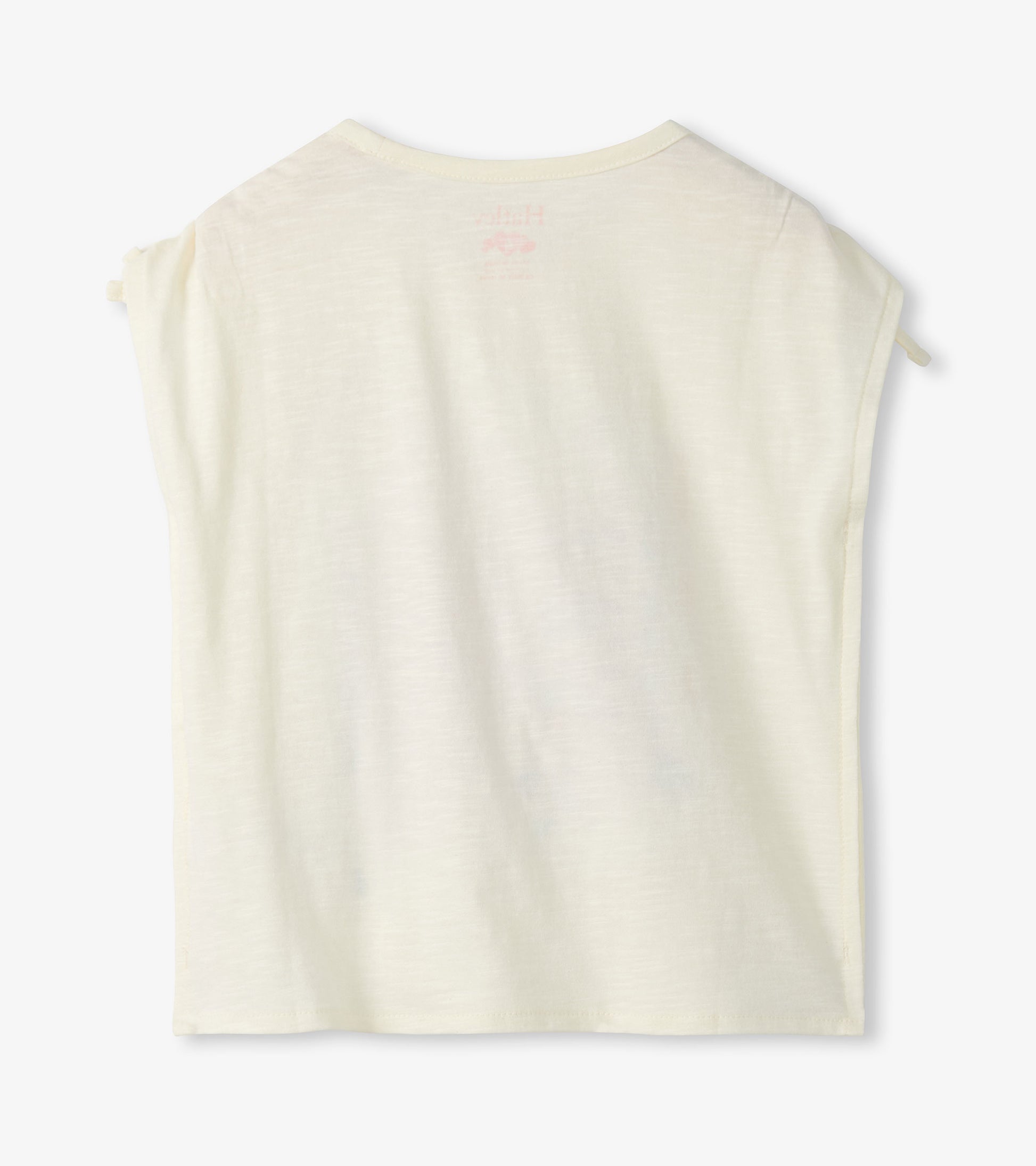 Cream girls sleeveless top with cinched shoulders, back view, soft knit fabric