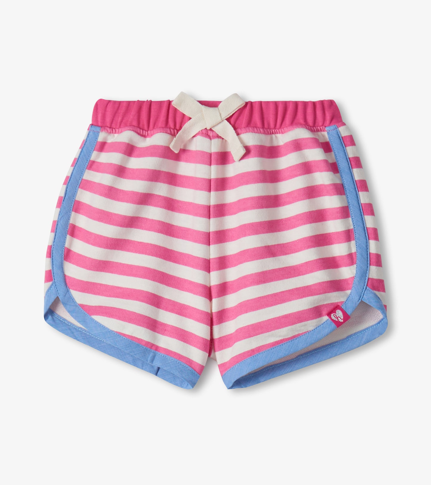 Pink and white striped toddler shorts with blue trim and elastic waistband, front view
