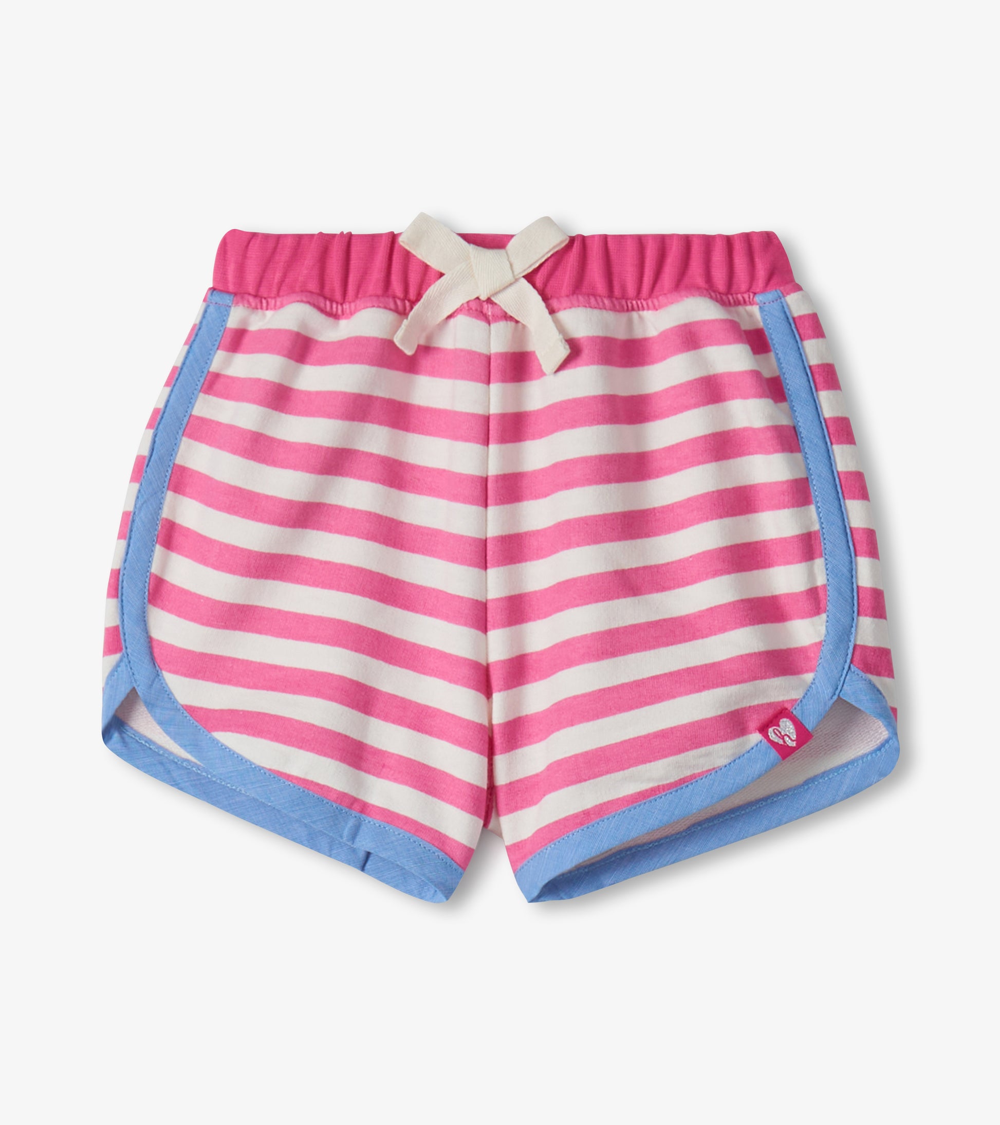 Pink and white striped toddler shorts with blue trim and elastic waistband, front view