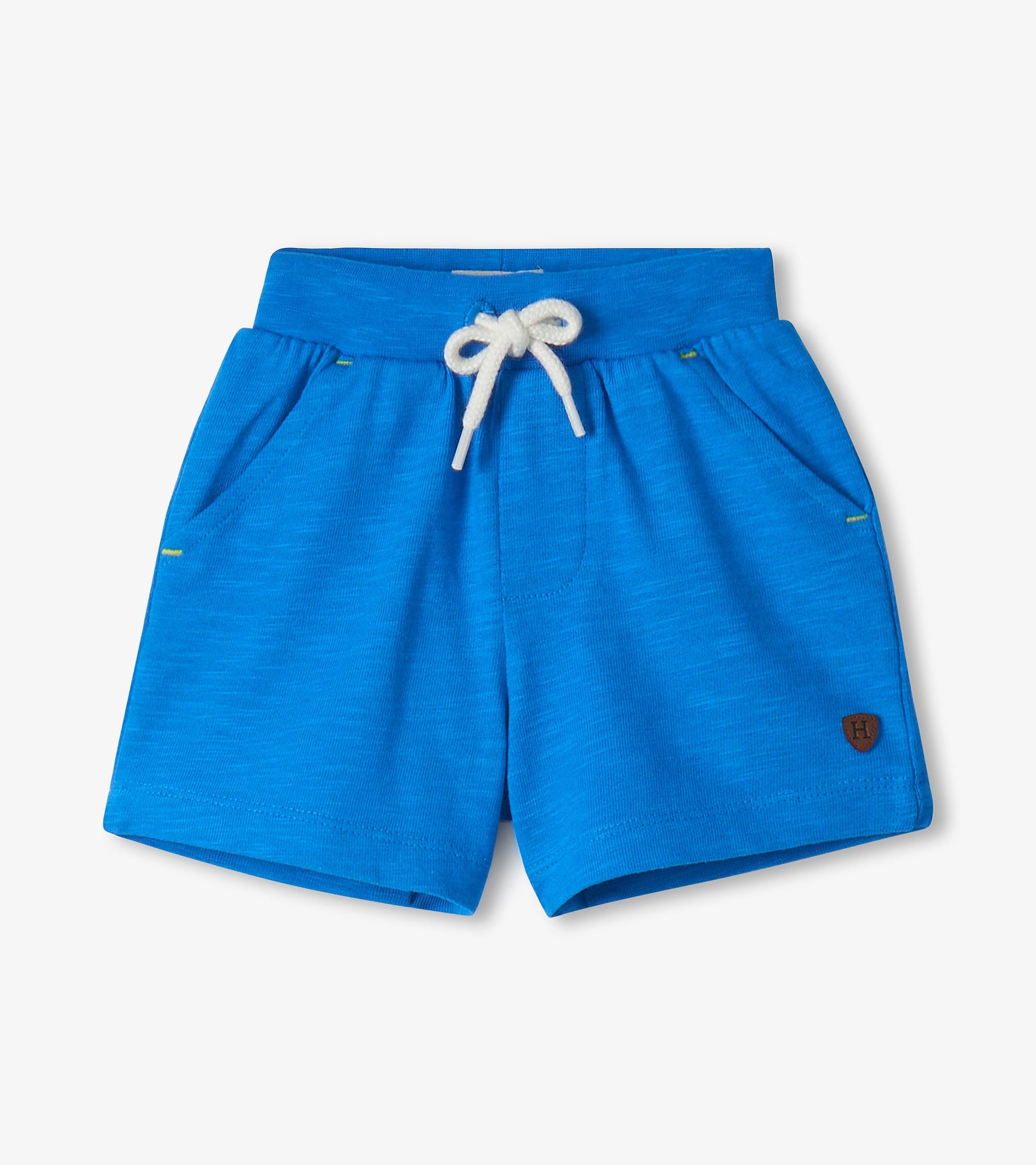 Blue toddler shorts with white drawstring and small chest patch, front view