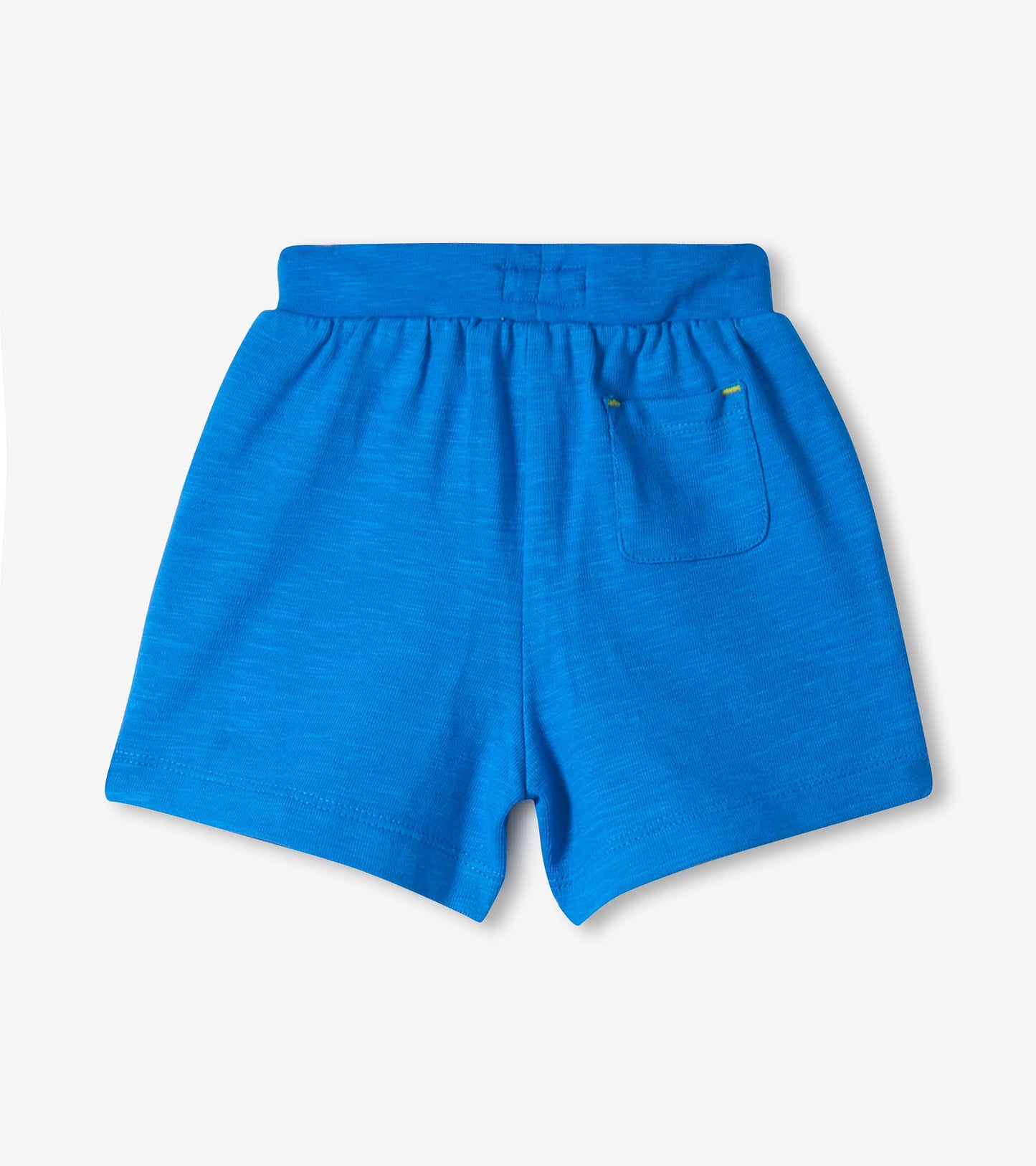 Blue toddler shorts with elastic waistband and back pocket, front view