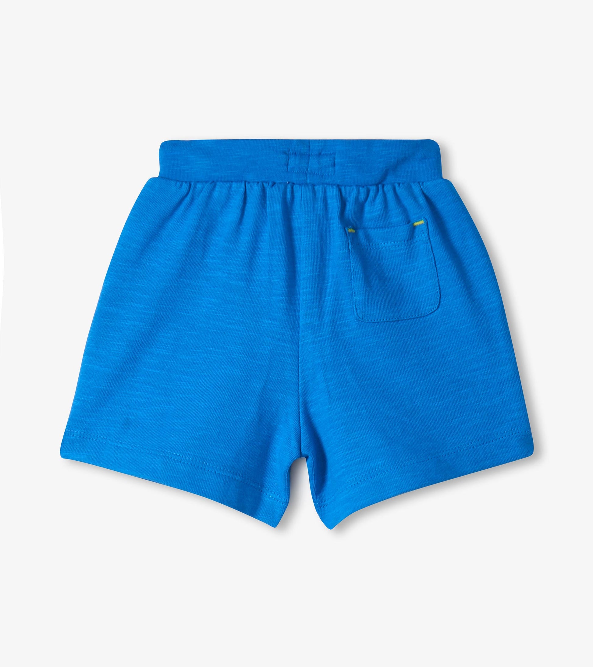 Blue toddler shorts with elastic waistband and back pocket, front view