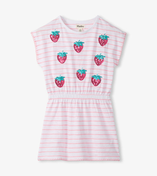 Girls white and pink striped dress with strawberry embroidery and cinched waist, front view