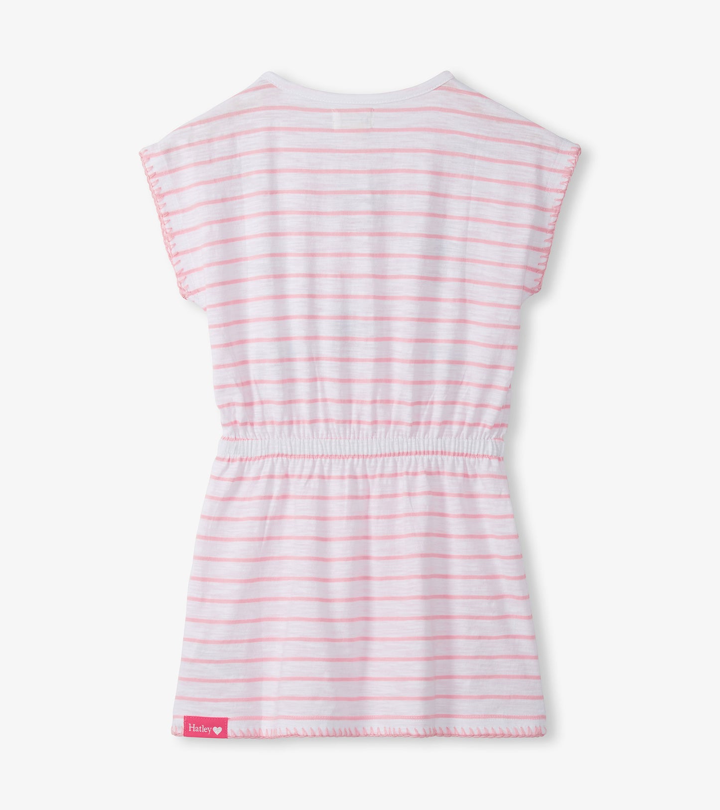 White girls dress with pink stripes, cinched waist, short sleeves, and a relaxed fit, back view