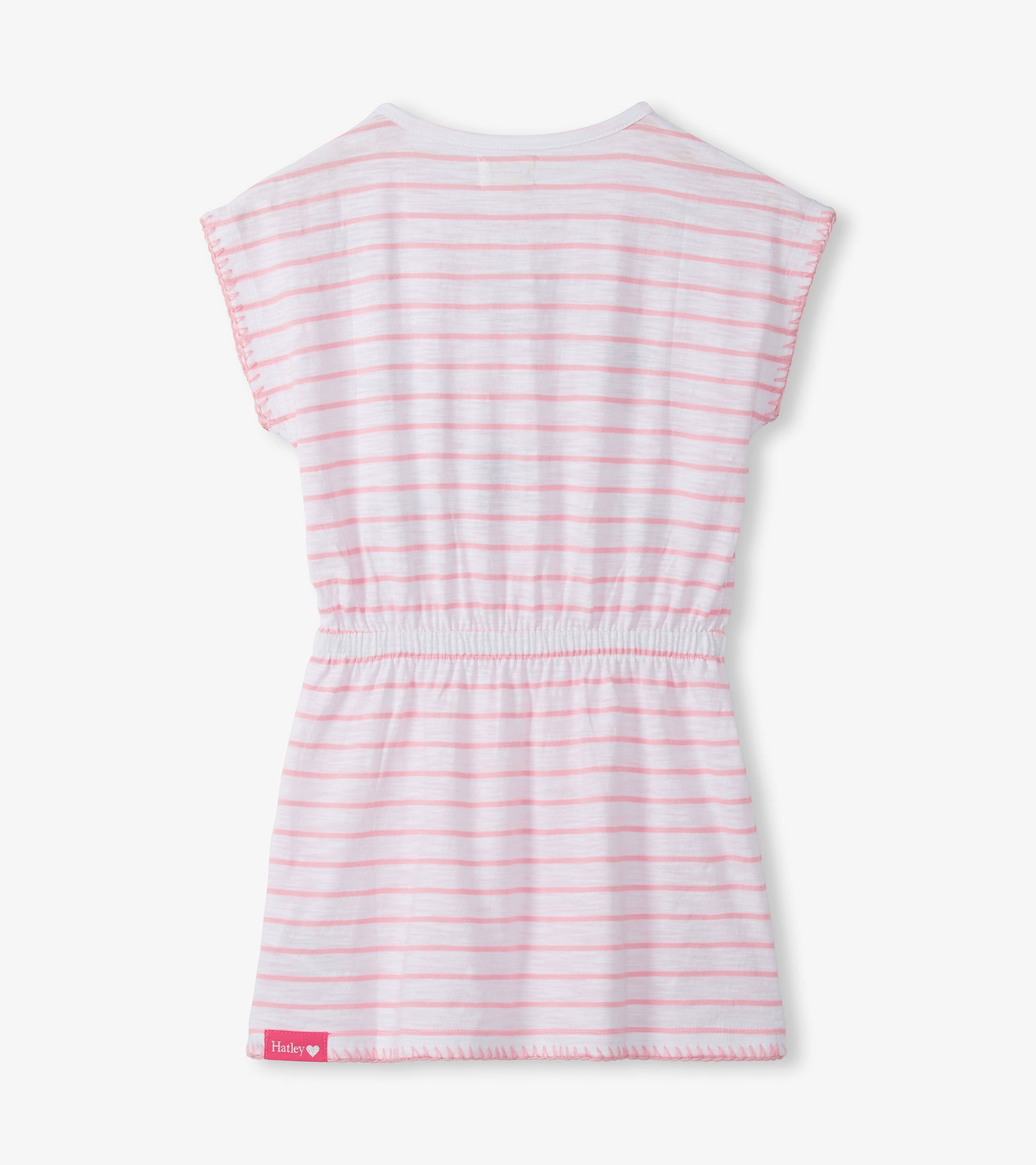 White girls dress with pink stripes, cinched waist, short sleeves, and a relaxed fit, back view