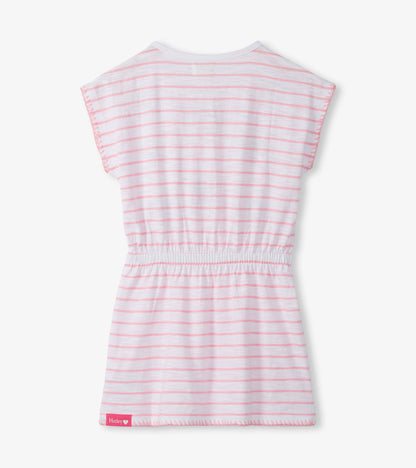 White girls dress with pink stripes, cinched waist, short sleeves, and a relaxed fit, back view