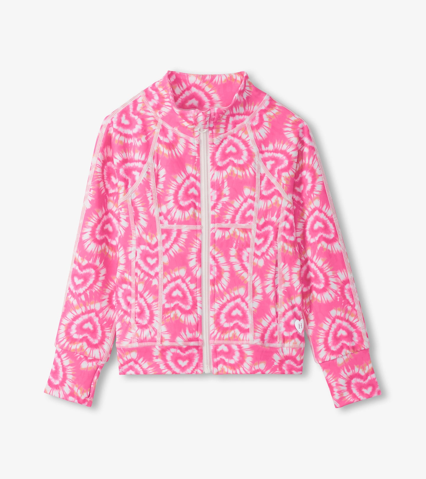 Pink zip-front girls jacket with white heart tie-dye pattern and long sleeves, front view