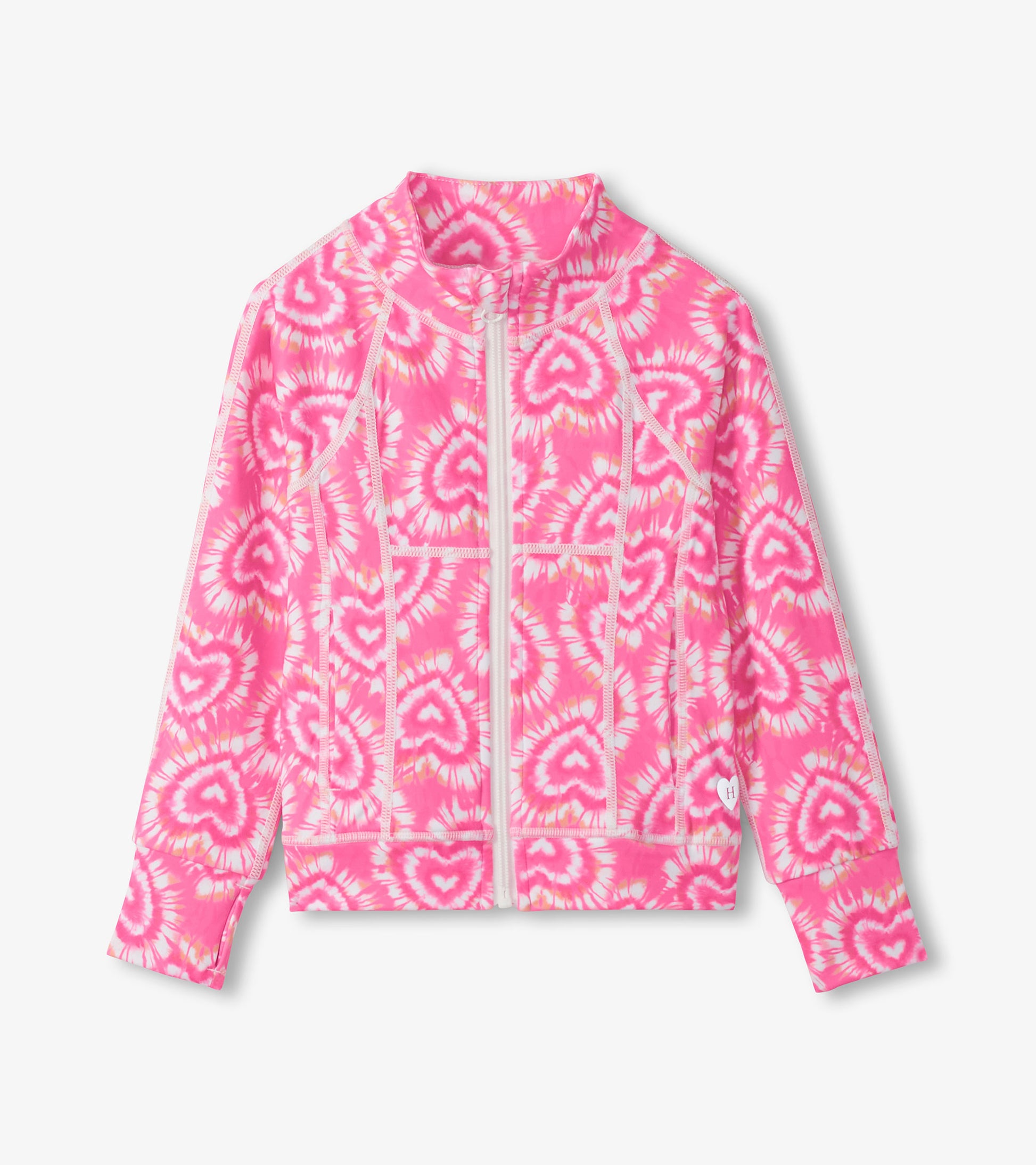 Pink zip-front girls jacket with white heart tie-dye pattern and long sleeves, front view