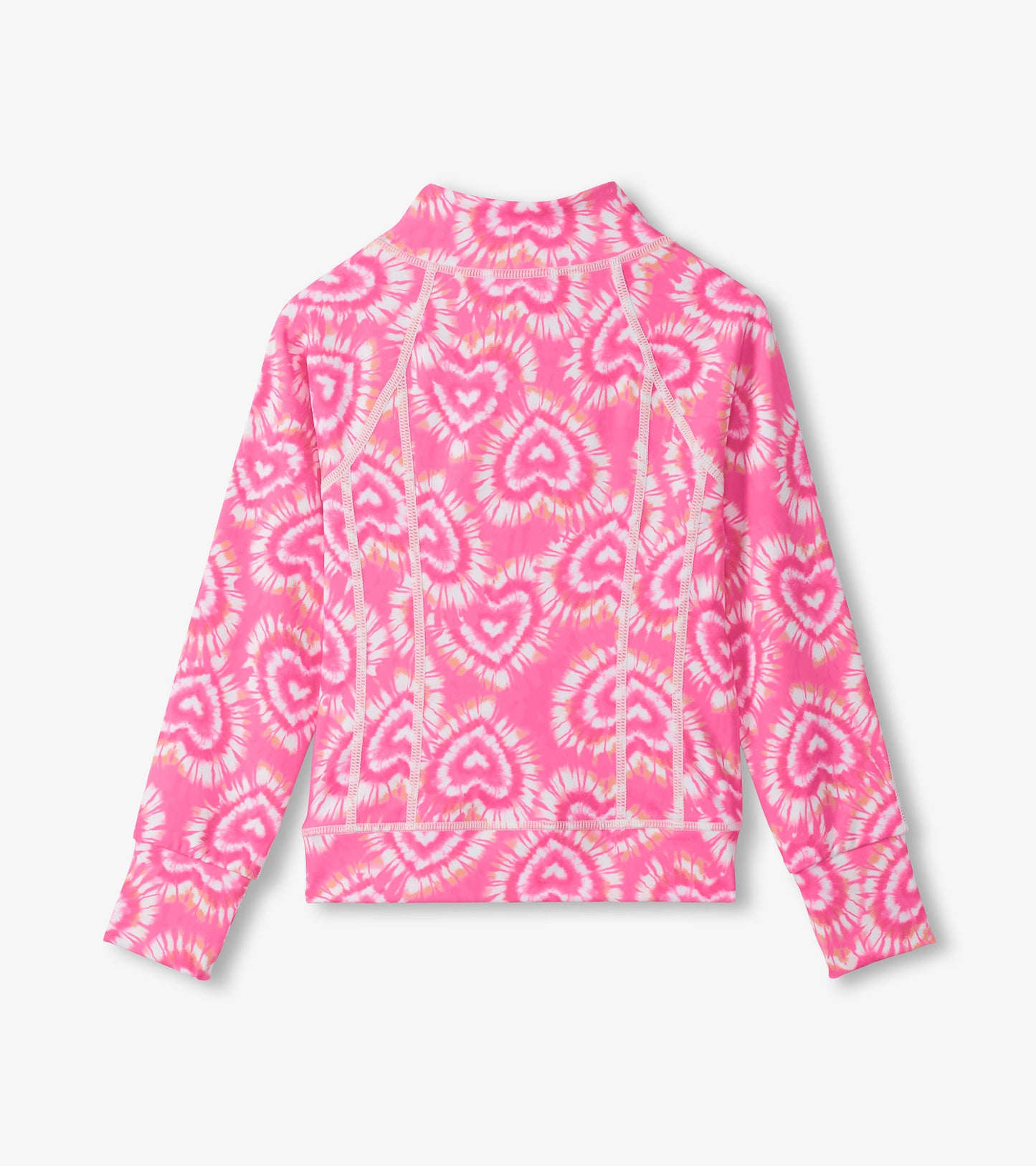 Pink tie-dye girls' active jacket with heart pattern, long sleeves, and mock neck, shown front view