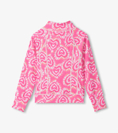 Pink tie-dye girls' active jacket with heart pattern, long sleeves, and mock neck, shown front view